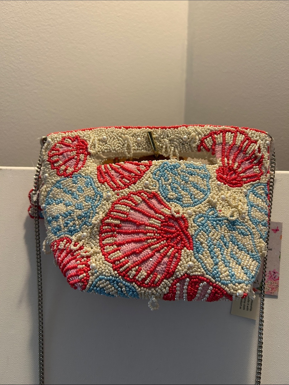 Beaded Seashell Crossbody Bag - Cream, Coral & Sky Blue
